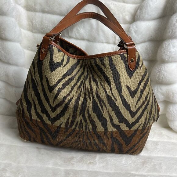 Lauren Ralph Lauren Brown & khaki burlap zebra prints  shoulder bag . - Picture 13 of 16